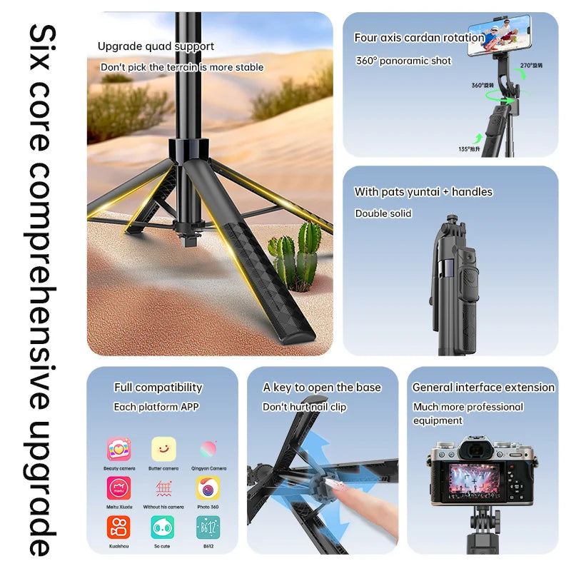 AI Smart Tracking Selfie Stick Tripod, 360° Rotatable 4‑Axis Stabilizer, Wireless Remote, Portable Phone Tripod for Selfies Vlog