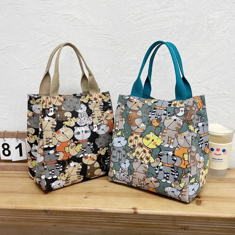 Fashion Fashionable Top-handle Bag with Cute Cat Pattern Portable Bag for Women Retro Art Hand Bag Shopping