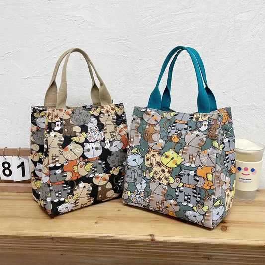 Fashion Fashionable Top-handle Bag with Cute Cat Pattern Portable Bag for Women Retro Art Hand Bag Shopping