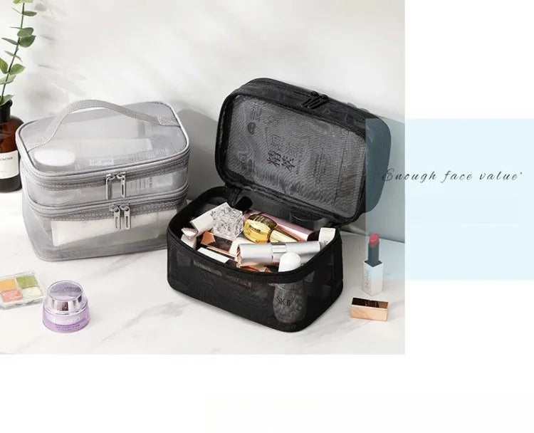 Bathroom Travel Mesh Makeup Storage Bag Cosmetics Make Up Skincare Organizer Box Plastic Container Handbag For Women Men