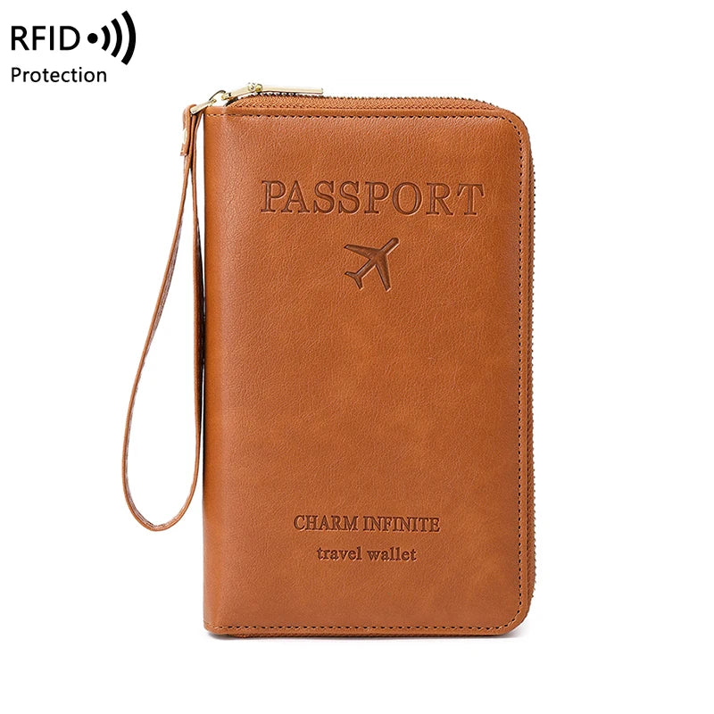 RFID Blocking Passport Holder Travel Wallet with Wrist Strap, Multi-Card Pockets & Zipper Closure