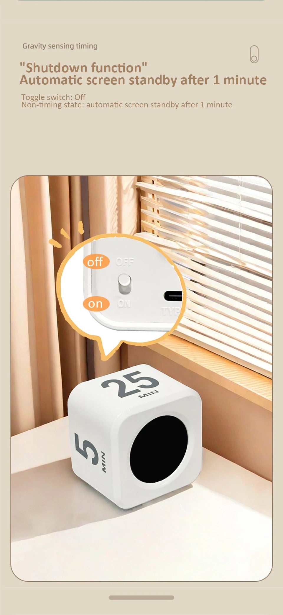 Digital Visual Timer Gravity Sensor Flipping LED Display 4 Preset Time Rechargeable Mini Cube Timer for Cooking Study Shower