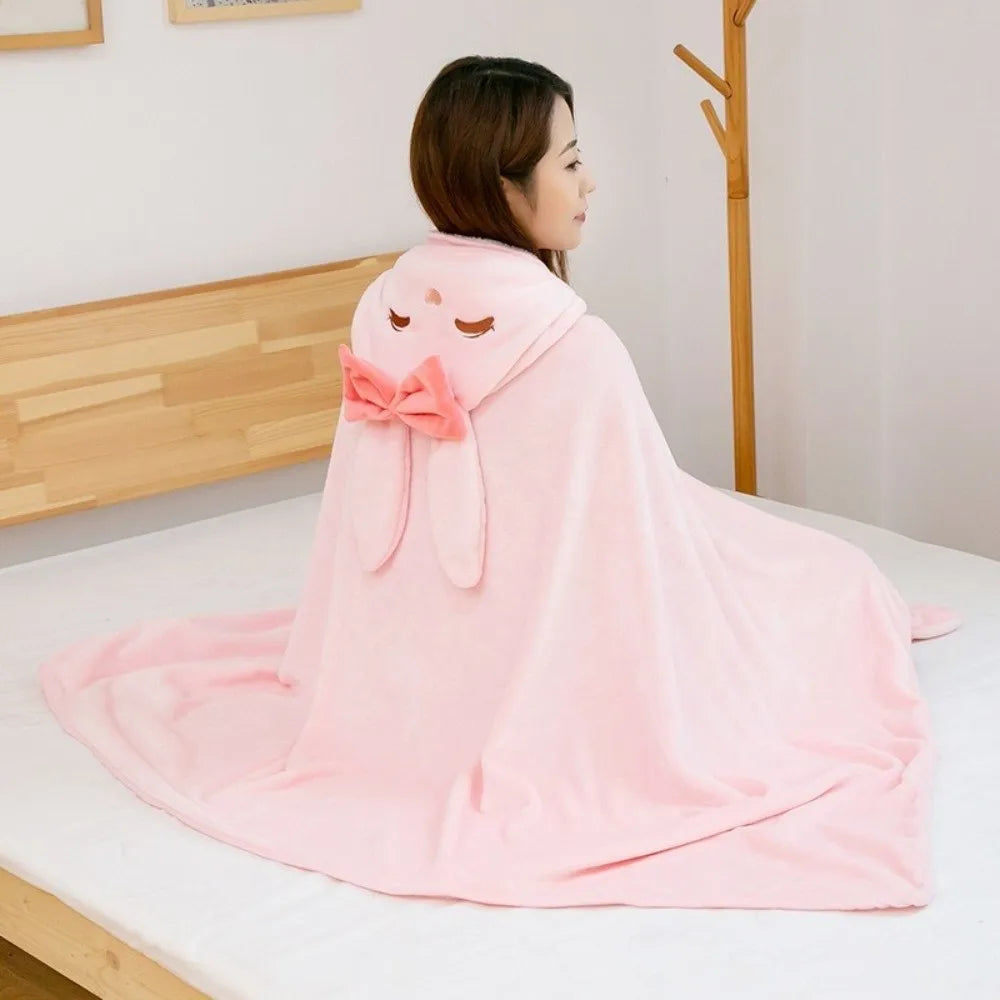 Warm Hooded Nap Blanket Cozy Cartoon Air Conditioning Blanket Folding Comfortable Thermal Blanket Ear Protection