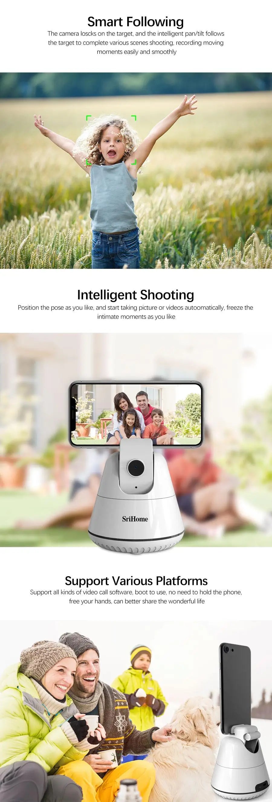 Auto Smart Shooting Selfie Stick  Srihome SH006 Tripod 360° Rotation Auto Face Tracking Object Tracking vlog Camera Phone Holder