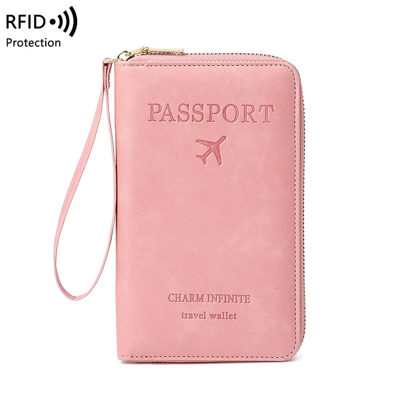 RFID Blocking Passport Holder Travel Wallet with Wrist Strap, Multi-Card Pockets & Zipper Closure