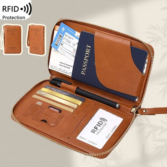 RFID Blocking Passport Holder Travel Wallet with Wrist Strap, Multi-Card Pockets & Zipper Closure