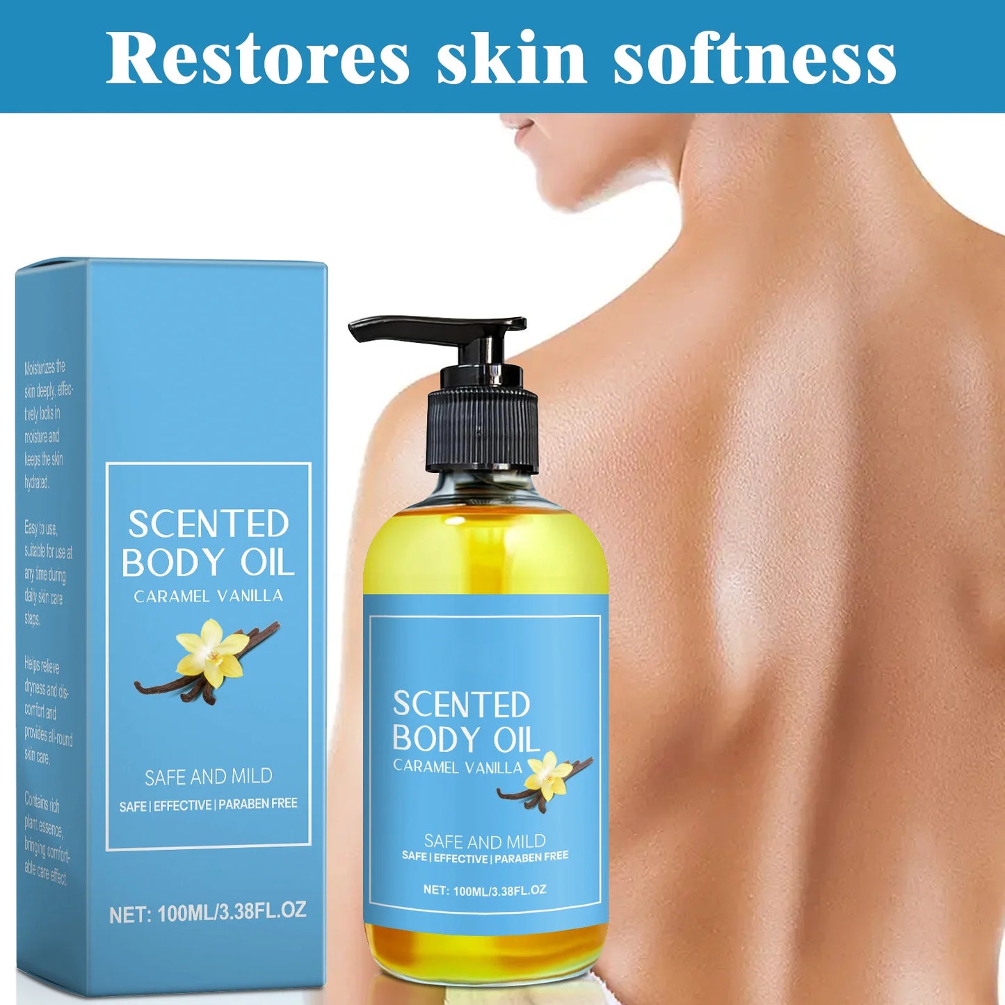 Stress Relief Body Oil with Vanilla - Deeply Moisturizes & Soothes Muscles, Herbal Formula for Relaxing Bath & Massage.
