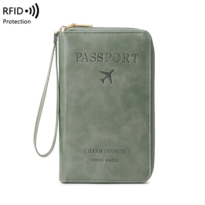 RFID Blocking Passport Holder Travel Wallet with Wrist Strap, Multi-Card Pockets & Zipper Closure