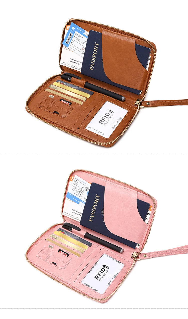 RFID Blocking Passport Holder Travel Wallet with Wrist Strap, Multi-Card Pockets & Zipper Closure