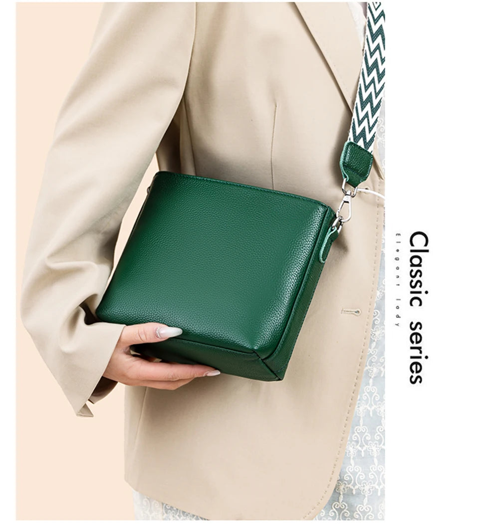 100% Genuine Leather Crossbody Bag Women Fashion Wide Strap Shoulder Bag Ladies Cowhide Messenger Bag Small Handbag and Purse