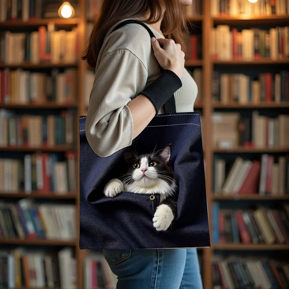 Chihuahua Peeking Out of Pocket Pattern Handbag Cute Cat Tote Bags for Shopping, Working School Sport Traveling Shoulder Bag
