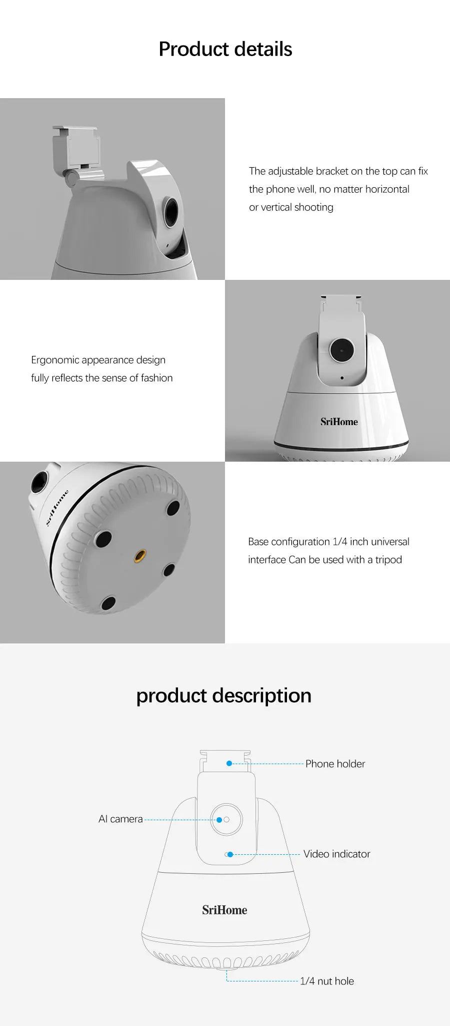 Auto Smart Shooting Selfie Stick  Srihome SH006 Tripod 360° Rotation Auto Face Tracking Object Tracking vlog Camera Phone Holder