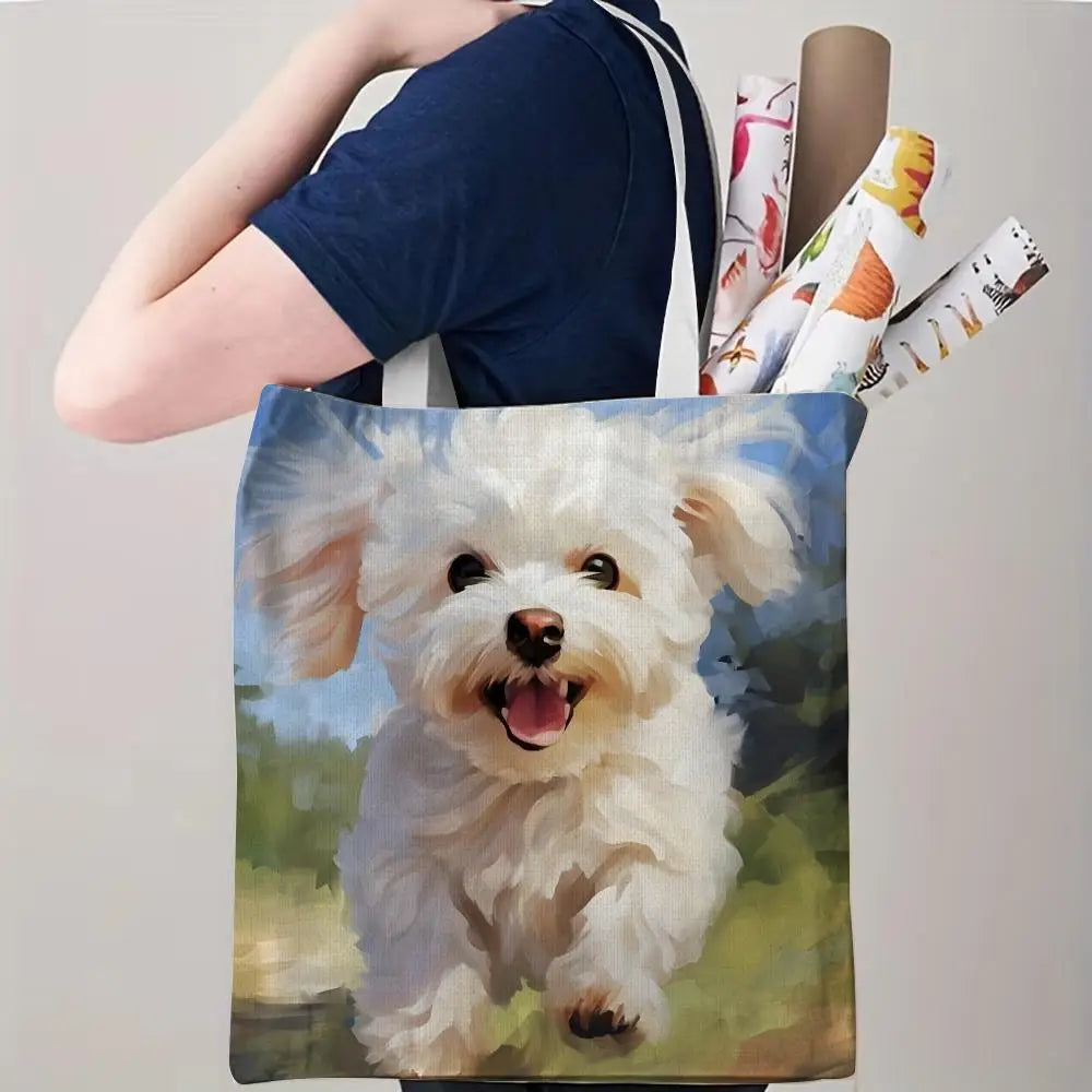 Maltese Dog Storage Bags Double-Sided Printed Canvas Tote Bag Eco-Friendly Reusable Large Capacity Handbag
