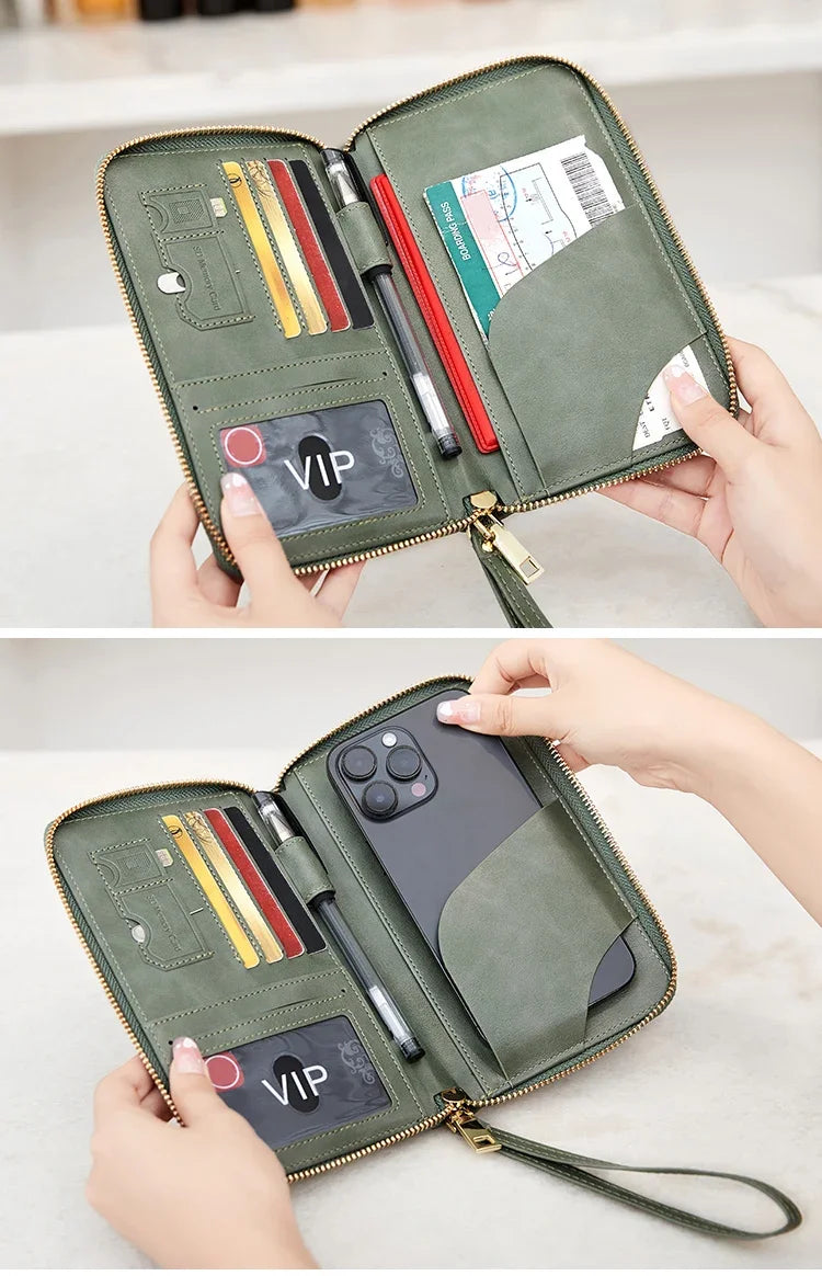 RFID Blocking Passport Holder Travel Wallet with Wrist Strap, Multi-Card Pockets & Zipper Closure