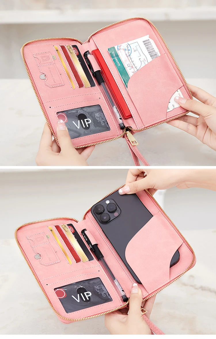 RFID Blocking Passport Holder Travel Wallet with Wrist Strap, Multi-Card Pockets & Zipper Closure