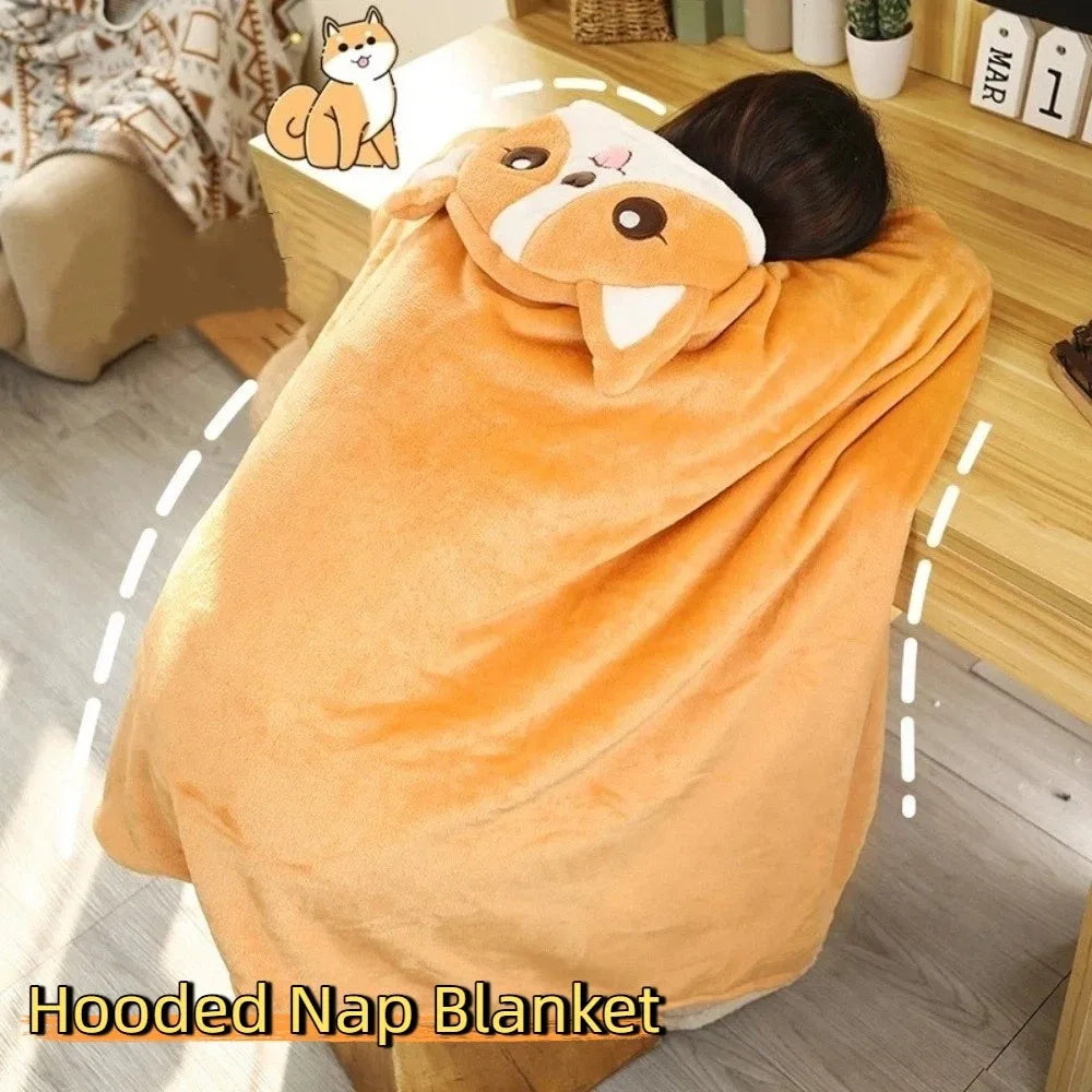 Warm Hooded Nap Blanket Cozy Cartoon Air Conditioning Blanket Folding Comfortable Thermal Blanket Ear Protection