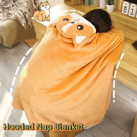 Warm Hooded Nap Blanket Cozy Cartoon Air Conditioning Blanket Folding Comfortable Thermal Blanket Ear Protection