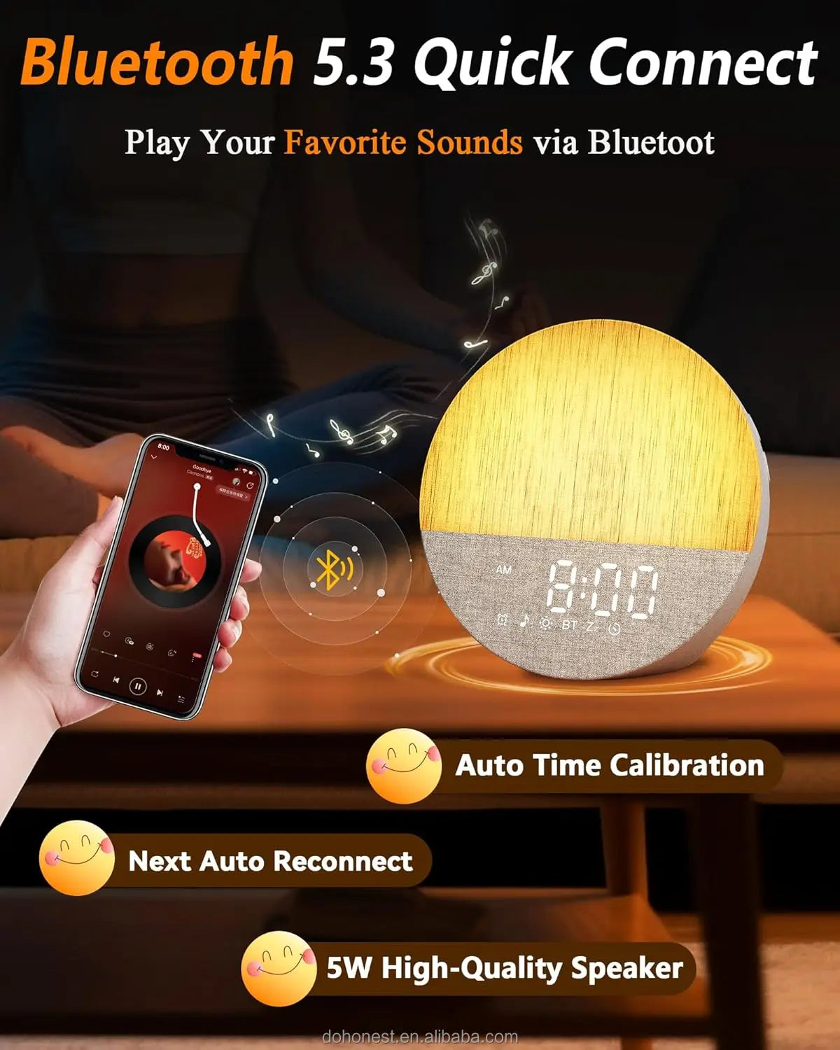 Sunrise Alarm Clock with White Noise, Gradual Wake-up Light, Anxiety Relief, Dimmable Bluetooth Memory, 30 Sleep Sounds