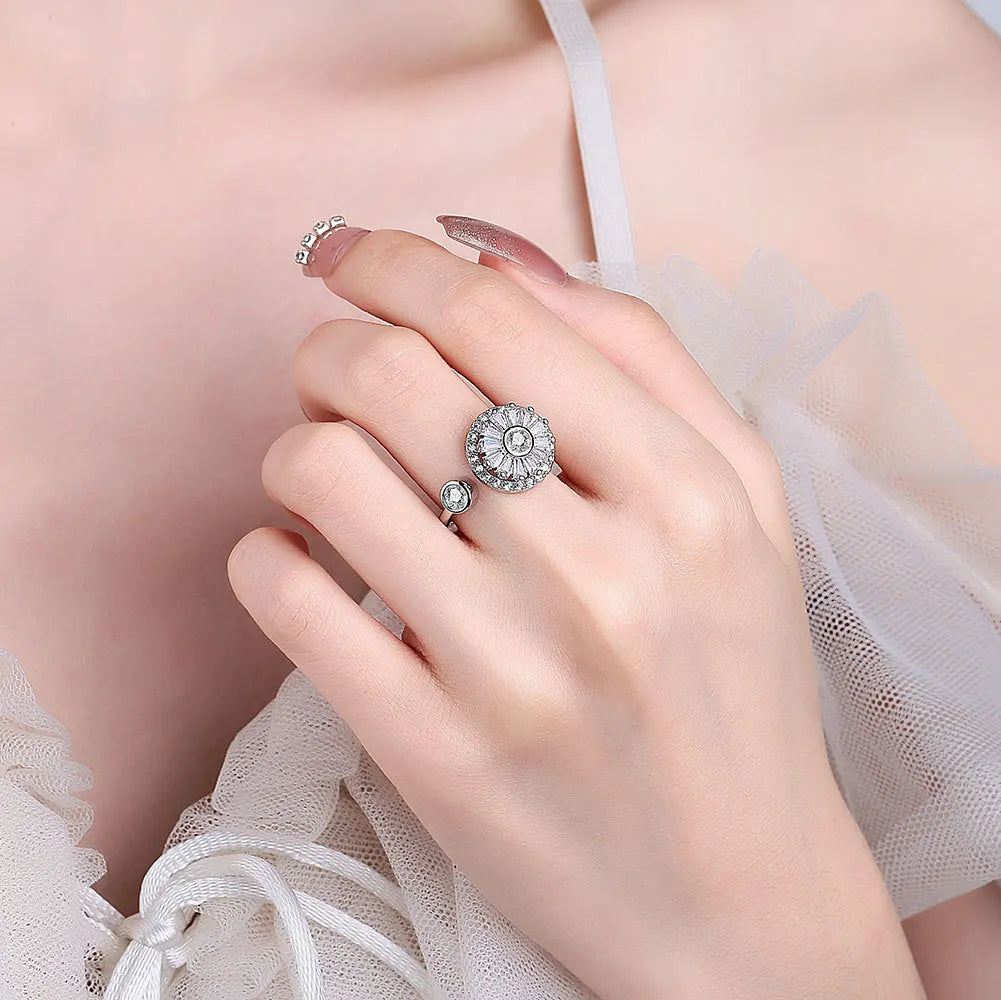 VENTFILLE 925 Sterling Silver Sunflower Diamond Zircon Rotatable Ring For Women Gift Relieve Stress Ring Jewelry Wholesale