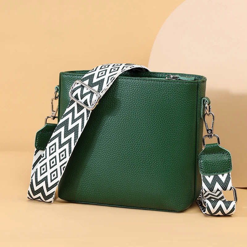 100% Genuine Leather Crossbody Bag Women Fashion Wide Strap Shoulder Bag Ladies Cowhide Messenger Bag Small Handbag and Purse