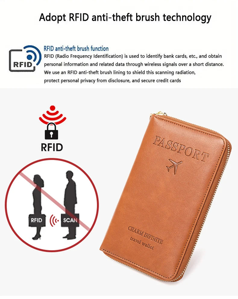 RFID Blocking Passport Holder Travel Wallet with Wrist Strap, Multi-Card Pockets & Zipper Closure