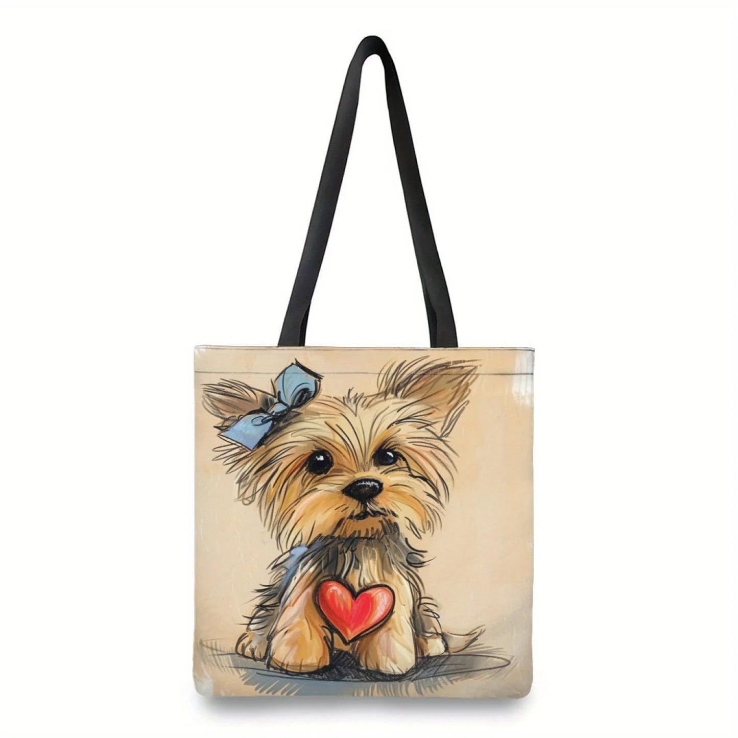 1pc Adorable Yorkshire Dog Print Tote Bag Animal Theme Polyester Reusable Shopping Shoulder Bag with Heart Detail Travel Handbag