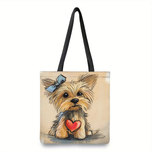 Adorable Doodle Dog Print Tote Bag Animal Theme Polyester Reusable Shopping Shoulder Bag with Heart Detail Travel Handbag