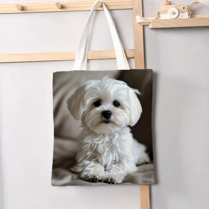 Stylish White Maltese Dog Print Tote Bag Durable Polyester Large Capacity, Comfortable Travel Bag for Women Grocery Shopping Bag
