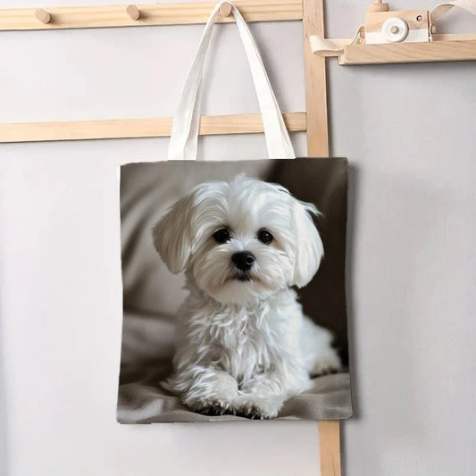 Stylish White Maltese Dog Print Tote Bag Durable Polyester Large Capacity, Comfortable Travel Bag, Shopping Bag