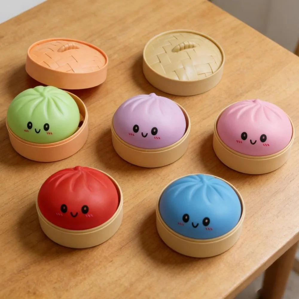 Large Dumpling Stress Ball with Steamer Colorful Squishy Bun Sensory Toy for Anxiety Relief, Squeeze Dough Ball for Adults&Kids