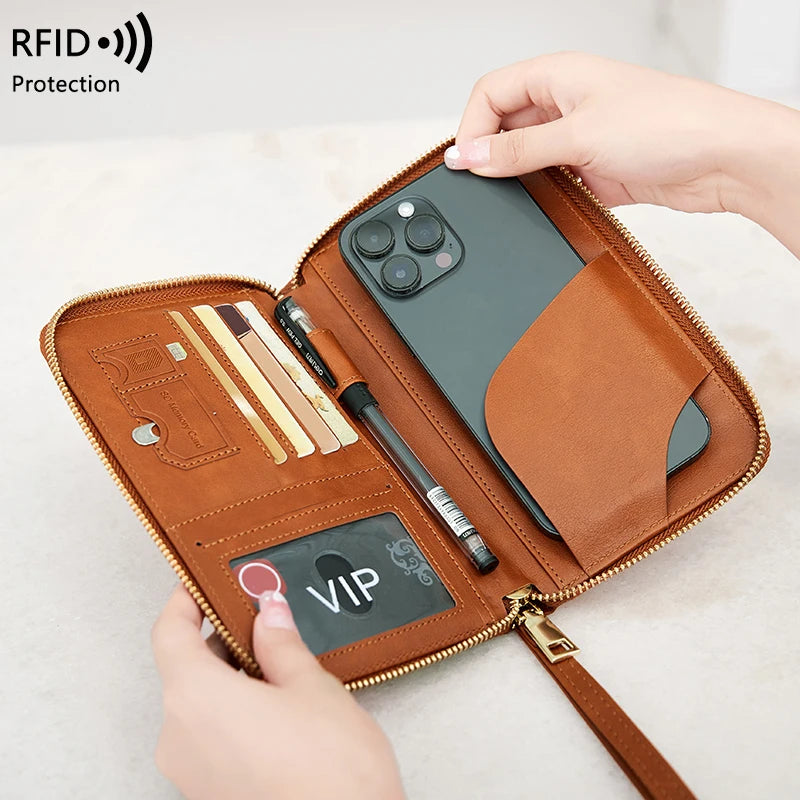 RFID Blocking Passport Holder Travel Wallet with Wrist Strap, Multi-Card Pockets & Zipper Closure