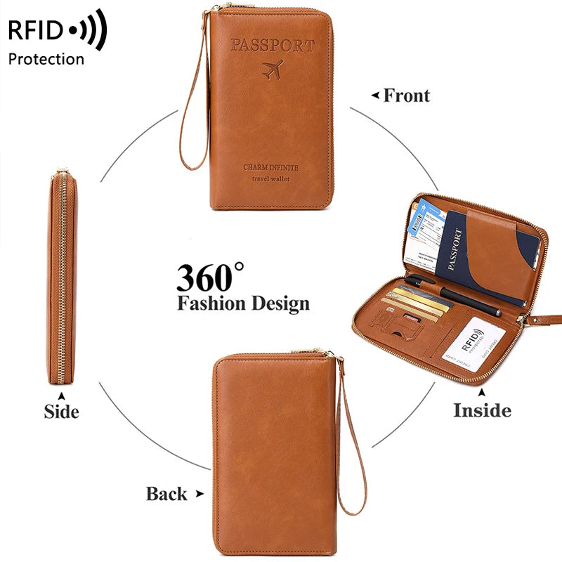 RFID Blocking Passport Holder Travel Wallet with Wrist Strap, Multi-Card Pockets & Zipper Closure