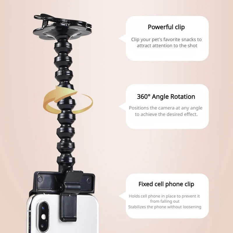 Pet Selfie Stick with Snack Holder 360 Rotation Phone Clip for Dogs Cats Attract Pets Look At Lens One Hand Pet Photography Tool