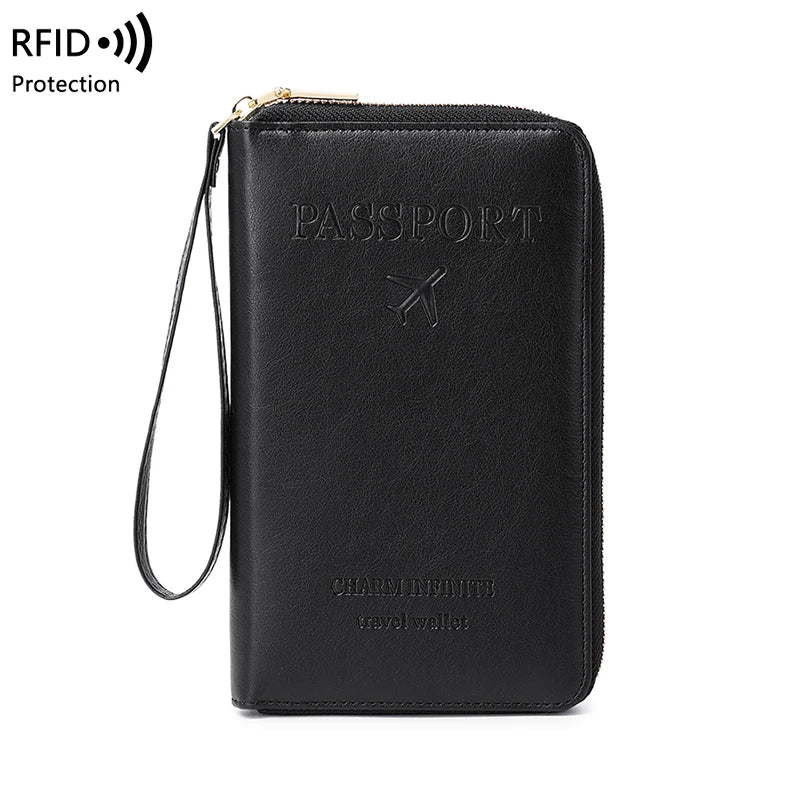 RFID Blocking Passport Holder Travel Wallet with Wrist Strap, Multi-Card Pockets & Zipper Closure