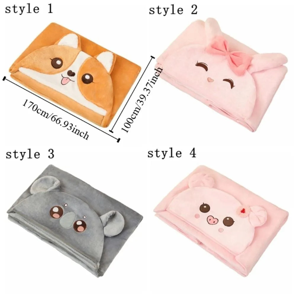 Warm Hooded Nap Blanket Cozy Cartoon Air Conditioning Blanket Folding Comfortable Thermal Blanket Ear Protection