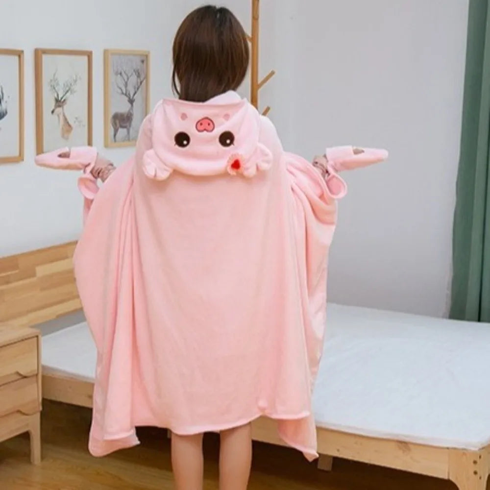 Warm Hooded Nap Blanket Cozy Cartoon Air Conditioning Blanket Folding Comfortable Thermal Blanket Ear Protection