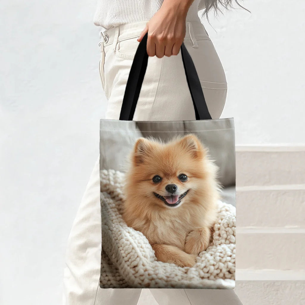 A Cheerful Pomeranian Dog Handbag Pink Flower Basket Print Tote Bag Large Capacity Practical Shopping Bag