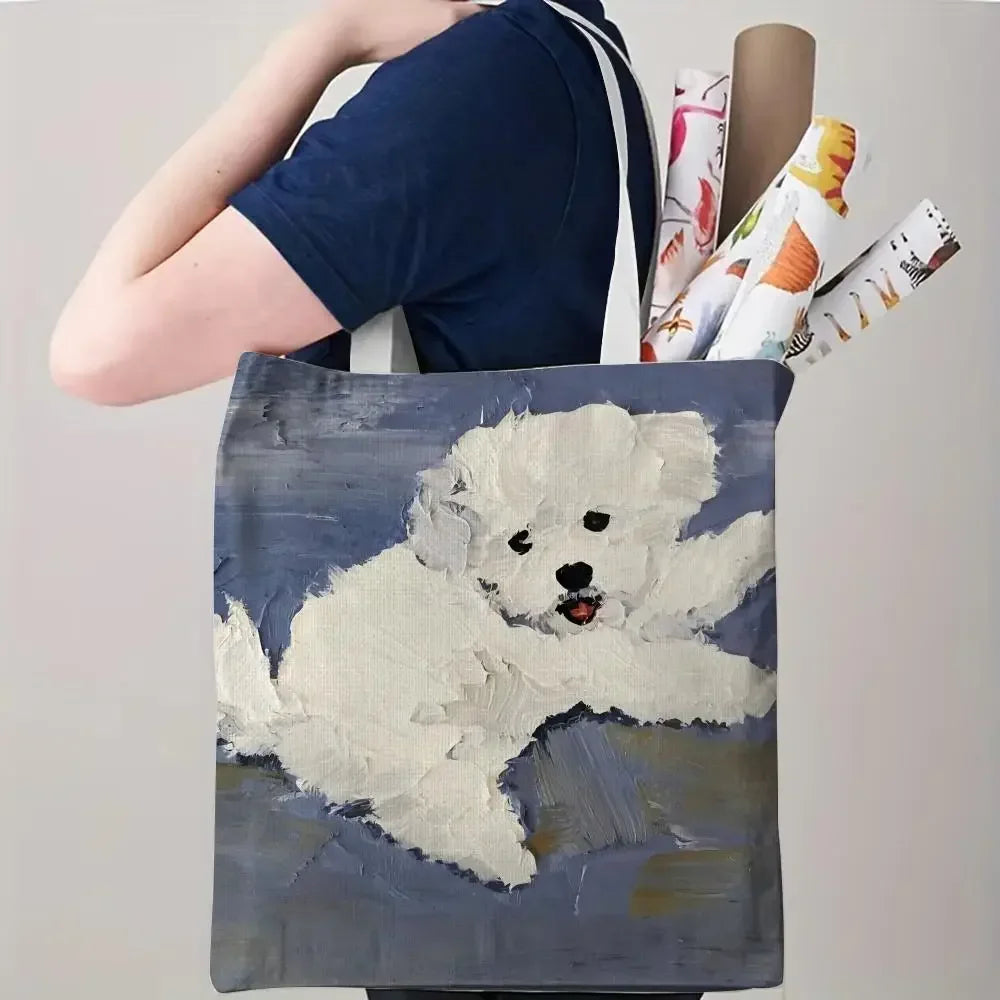 Maltese Dog Storage Bags Double-Sided Printed Canvas Tote Bag Eco-Friendly Reusable Large Capacity Handbag