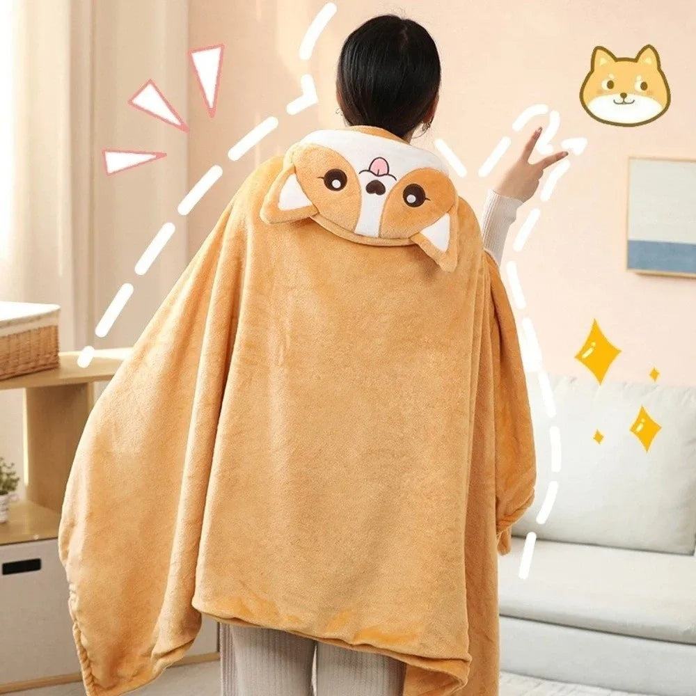 Warm Hooded Nap Blanket Cozy Cartoon Air Conditioning Blanket Folding Comfortable Thermal Blanket Ear Protection
