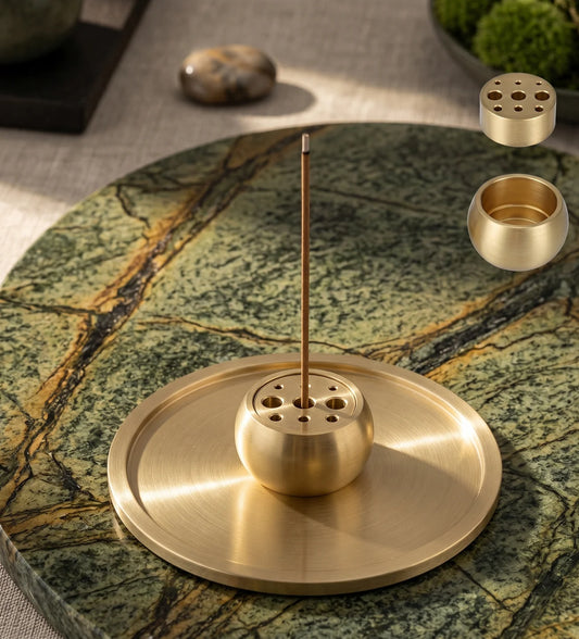 Premium Solid Brass Incense Burner Multi-Hole Stick Holder with Round Ash Catcher Tray for Home Fragrance and Meditation