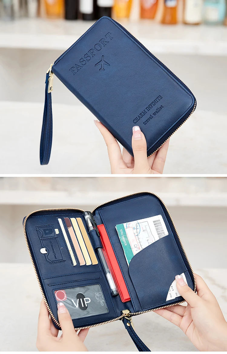 RFID Blocking Passport Holder Travel Wallet with Wrist Strap, Multi-Card Pockets & Zipper Closure