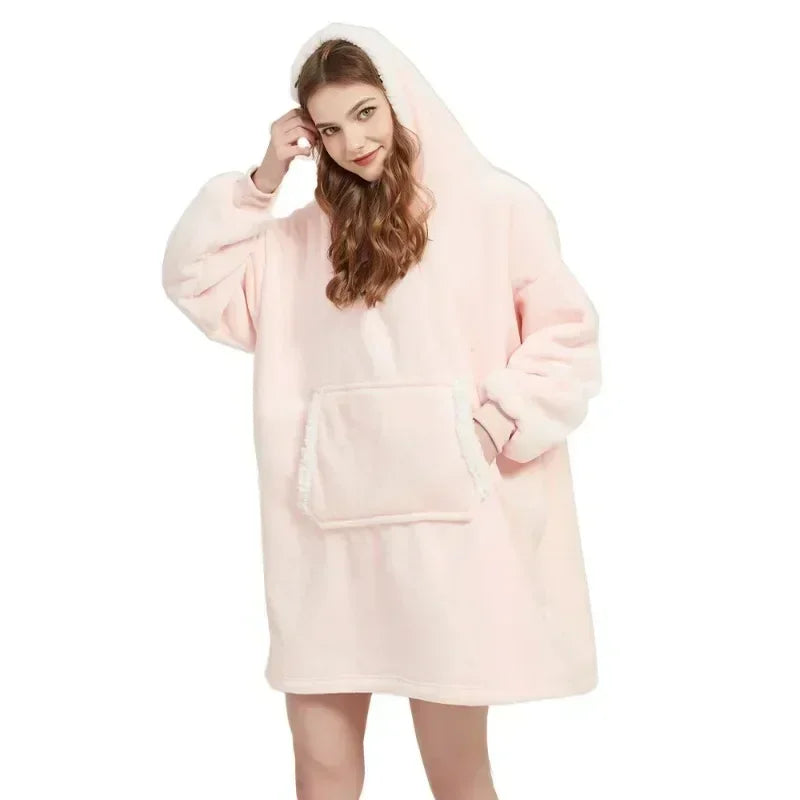 Winter Blanket Hoodie Oversized Warm Wearable Blankets 850grams Microfiber Plush Pullover Robe Fleece Blanket Sweatshirt Women