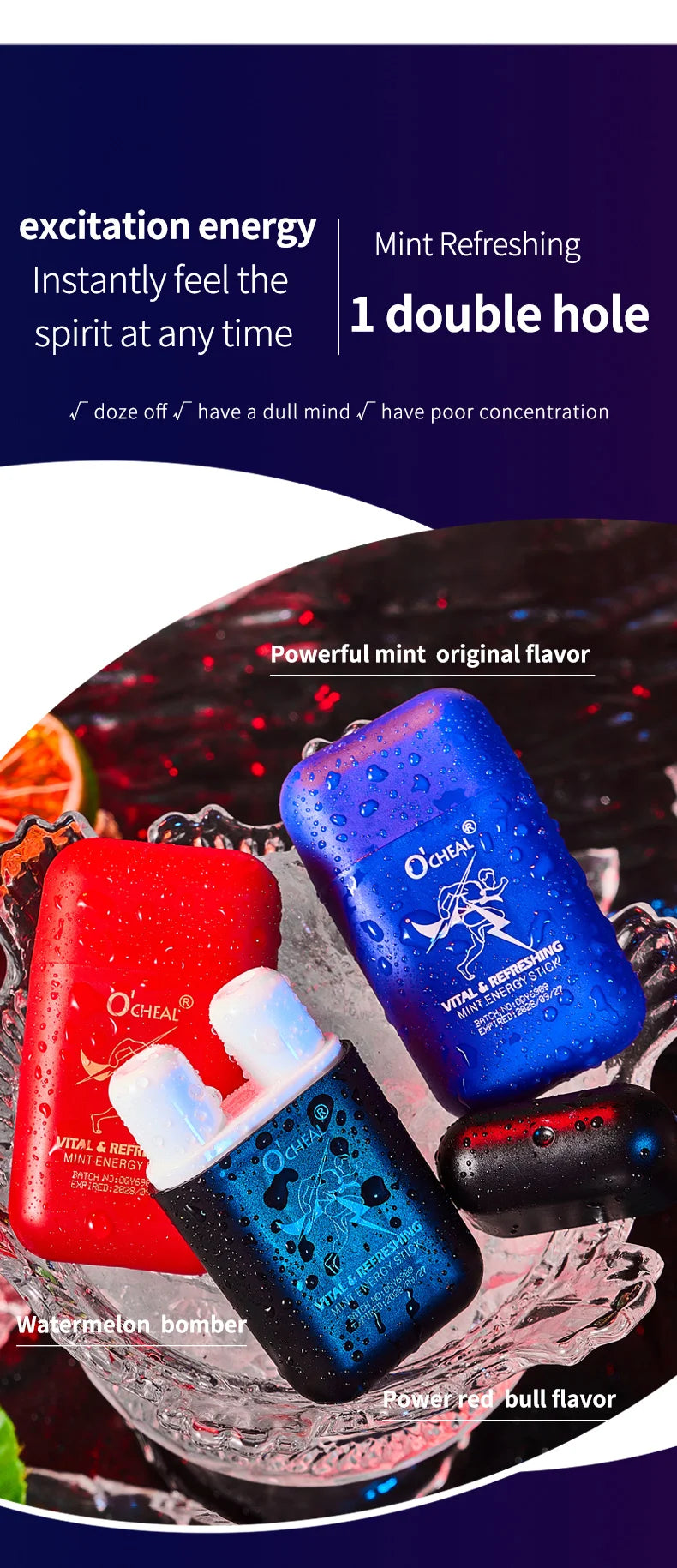 O'cheal Energy Stick Double Hole Energizing Energy Bar Fresh Mint Scent Refreshing Fatigue Relief Inhaler Energy Vapors Stick