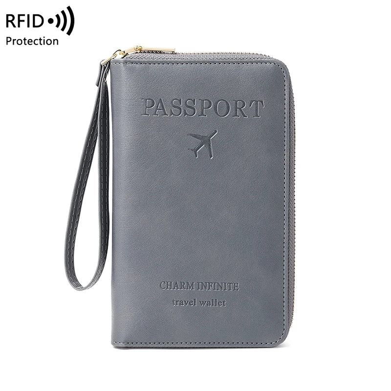RFID Blocking Passport Holder Travel Wallet with Wrist Strap, Multi-Card Pockets & Zipper Closure