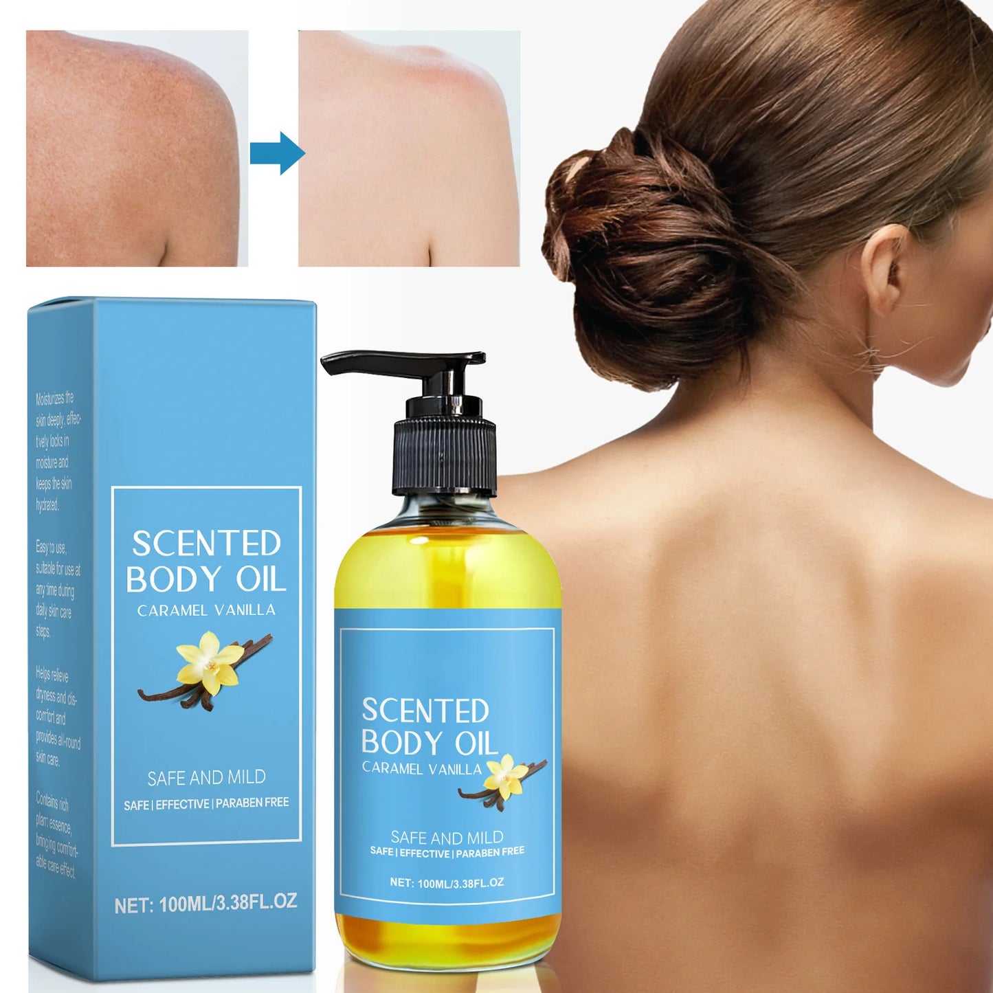 Stress Relief Body Oil with Vanilla - Deeply Moisturizes & Soothes Muscles, Herbal Formula for Relaxing Bath & Massage.