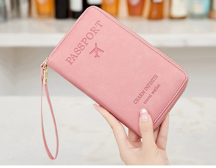 RFID Blocking Passport Holder Travel Wallet with Wrist Strap, Multi-Card Pockets & Zipper Closure