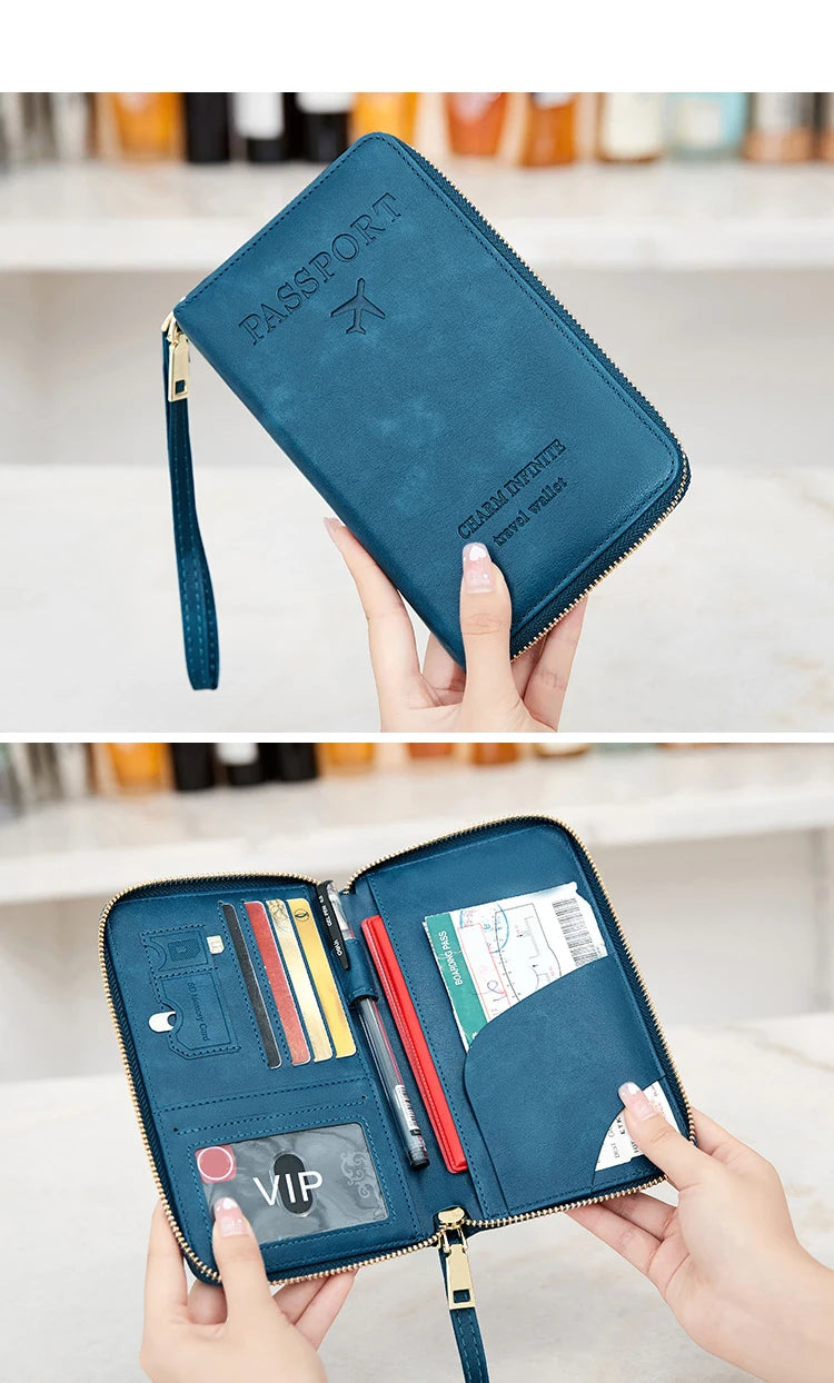 RFID Blocking Passport Holder Travel Wallet with Wrist Strap, Multi-Card Pockets & Zipper Closure