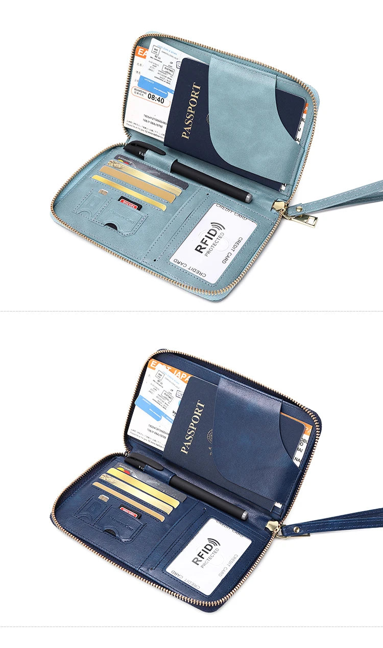 RFID Blocking Passport Holder Travel Wallet with Wrist Strap, Multi-Card Pockets & Zipper Closure