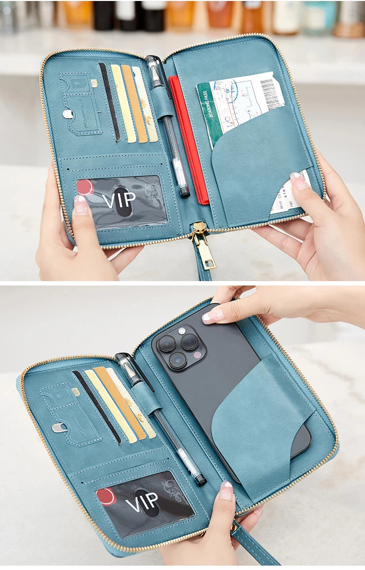 RFID Blocking Passport Holder Travel Wallet with Wrist Strap, Multi-Card Pockets & Zipper Closure