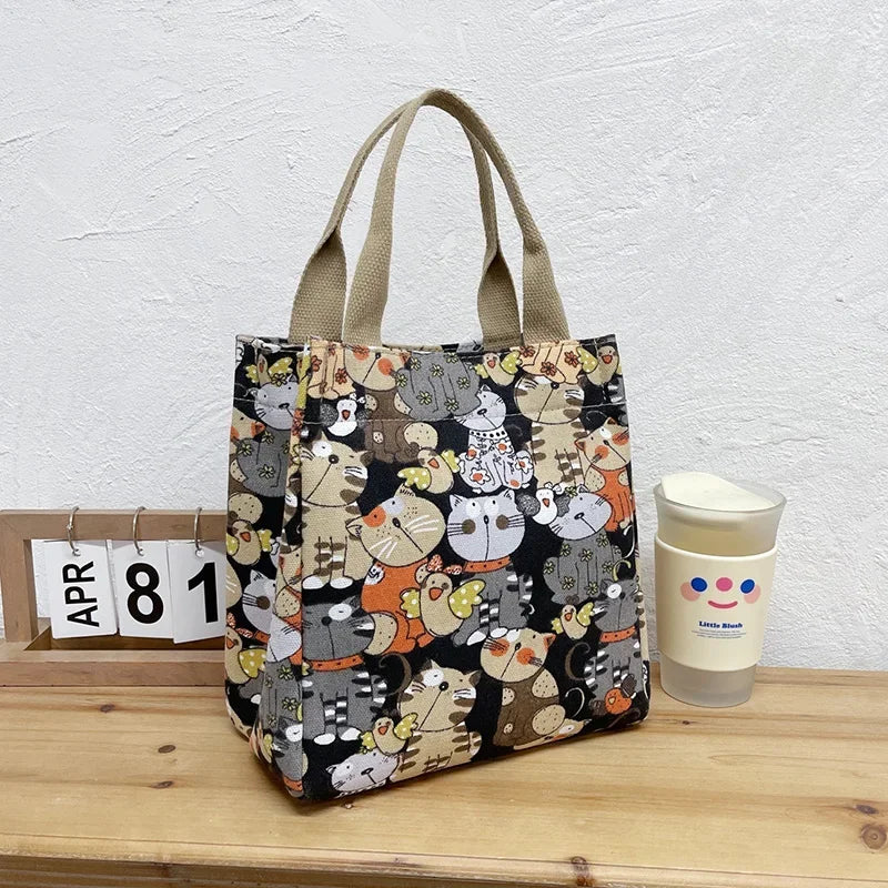 Fashion Fashionable Top-handle Bag with Cute Cat Pattern Portable Bag for Women Retro Art Hand Bag Shopping